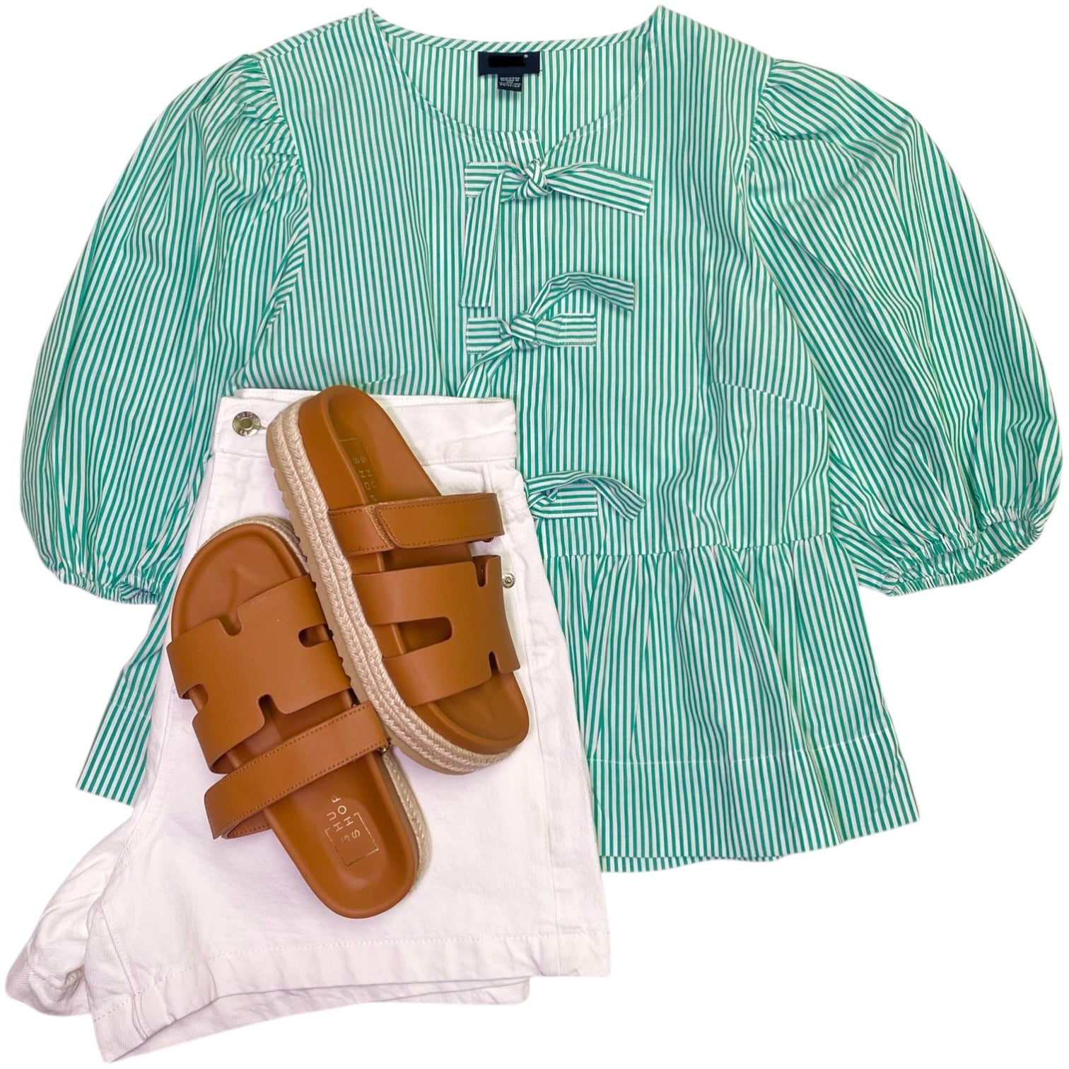 Tally Puff Sleeve Tie Front Top Green