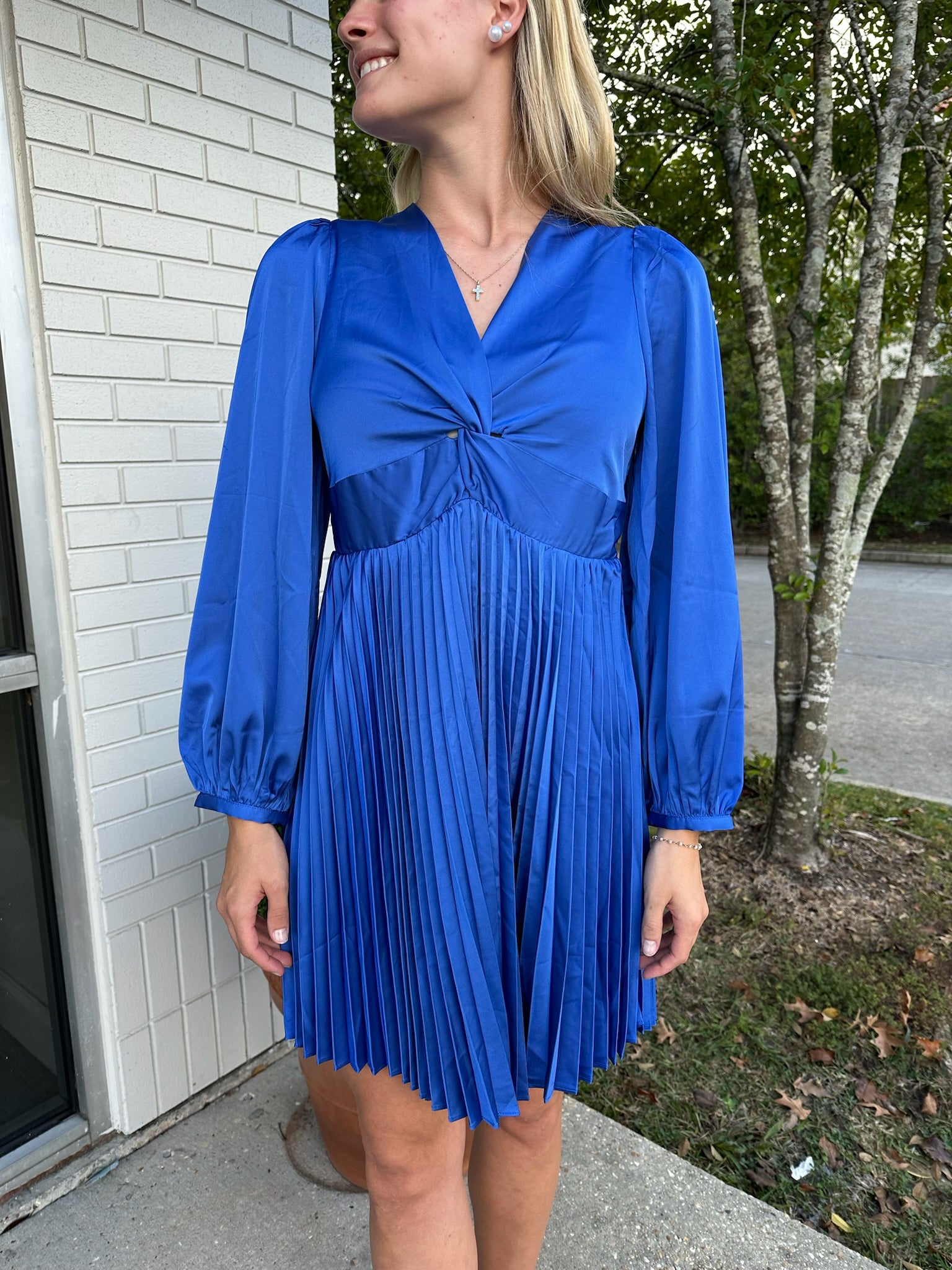 Twist Front Pleat Dress Blue