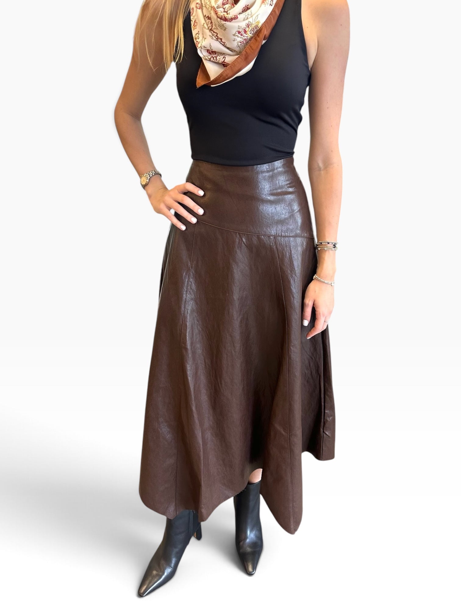 Jules A-Line Leather Midi Skirt Chocolate