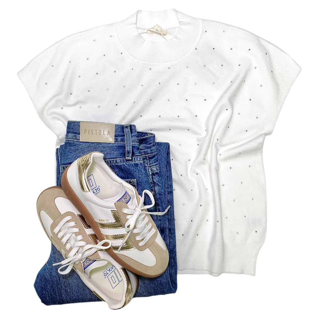 Stormi Rhinestone Mock Neck Sweater Off White