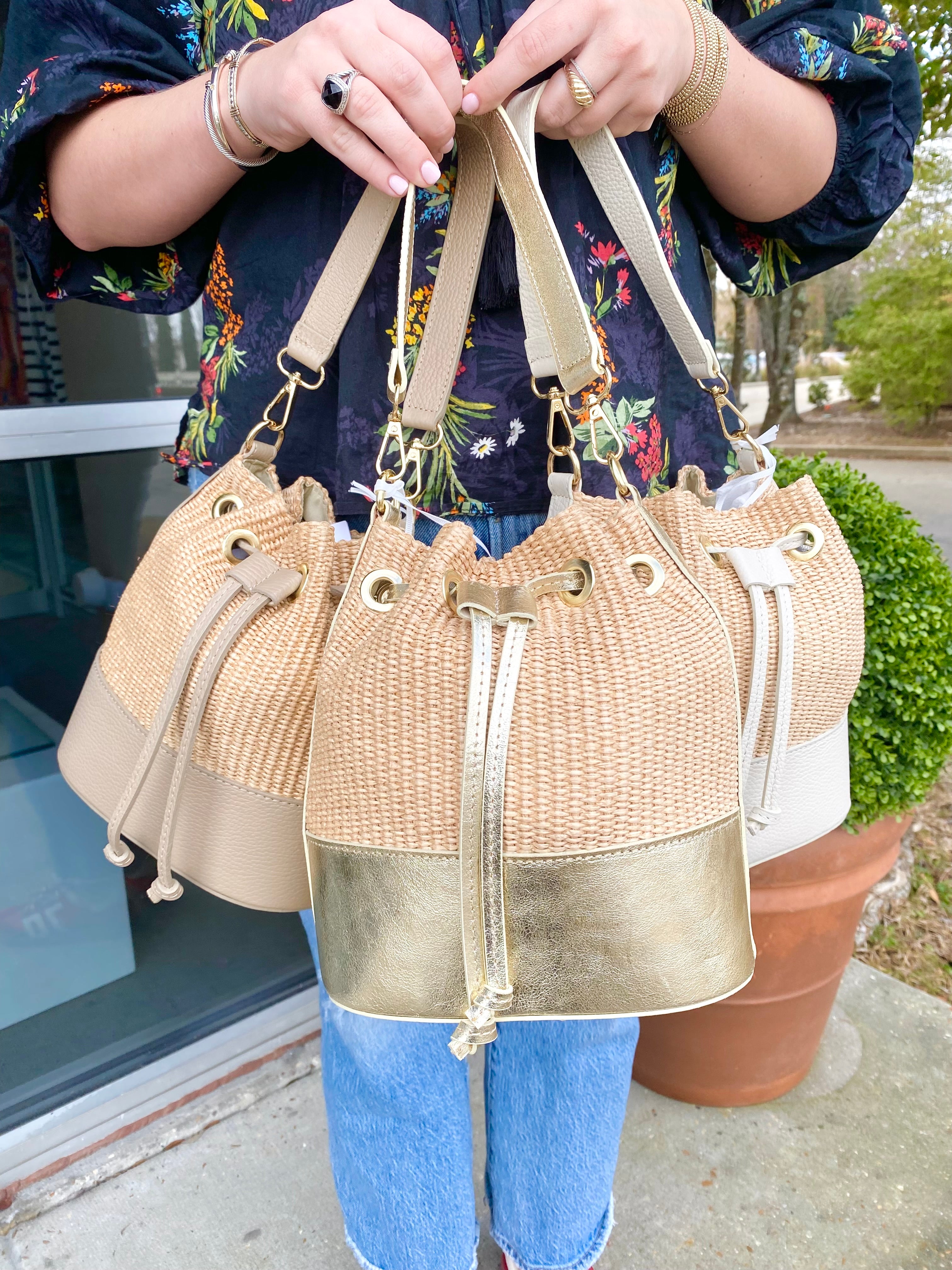 Raffia Leather Bucket Bag