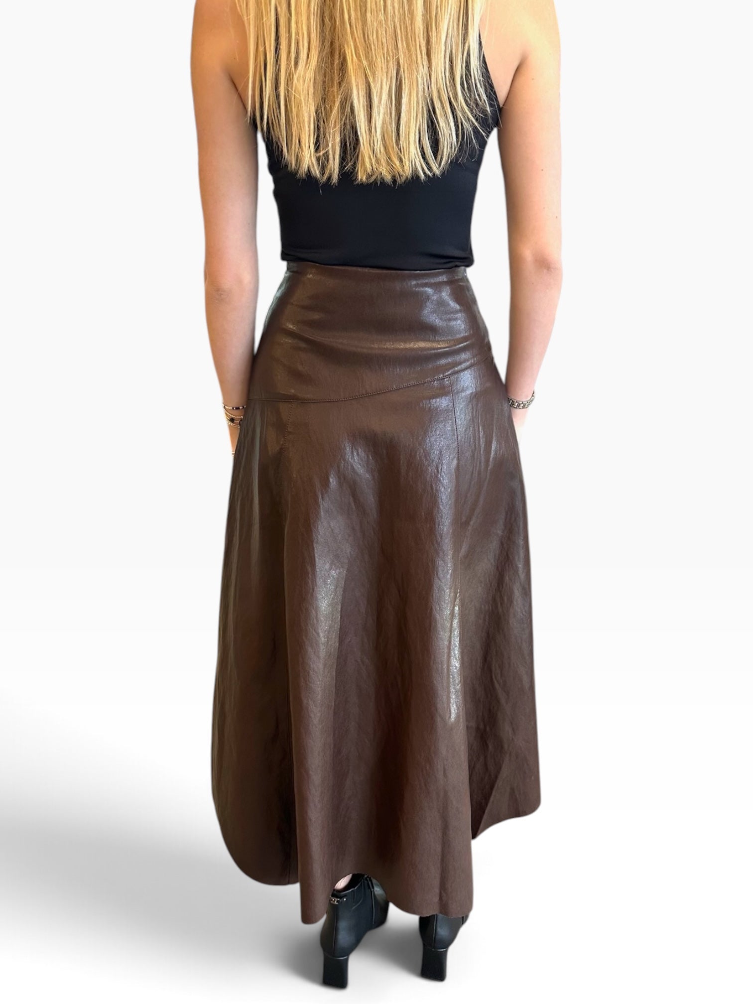 Jules A-Line Leather Midi Skirt Chocolate