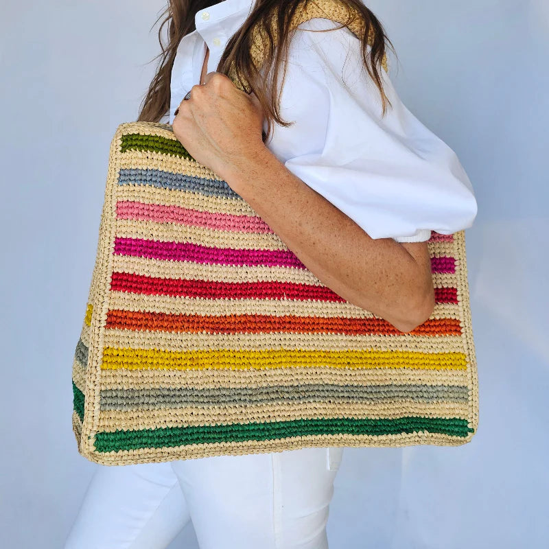 Mae Raffia Tote Rainbow