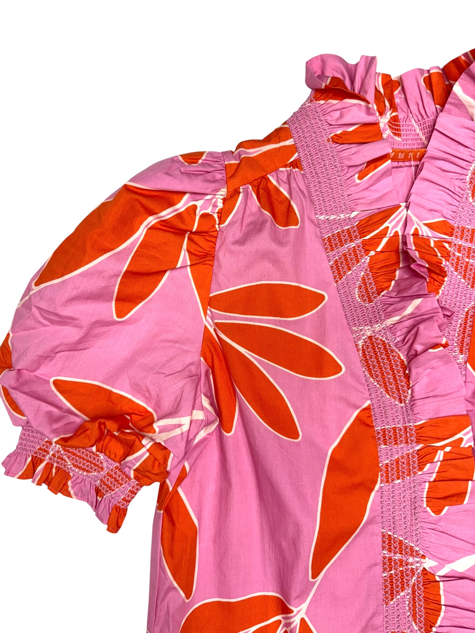 Palm Leaf Floral Ruffle Top Pink