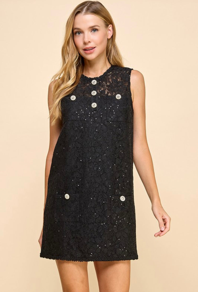 Gabor Lace Dress W Flower Buttons Black