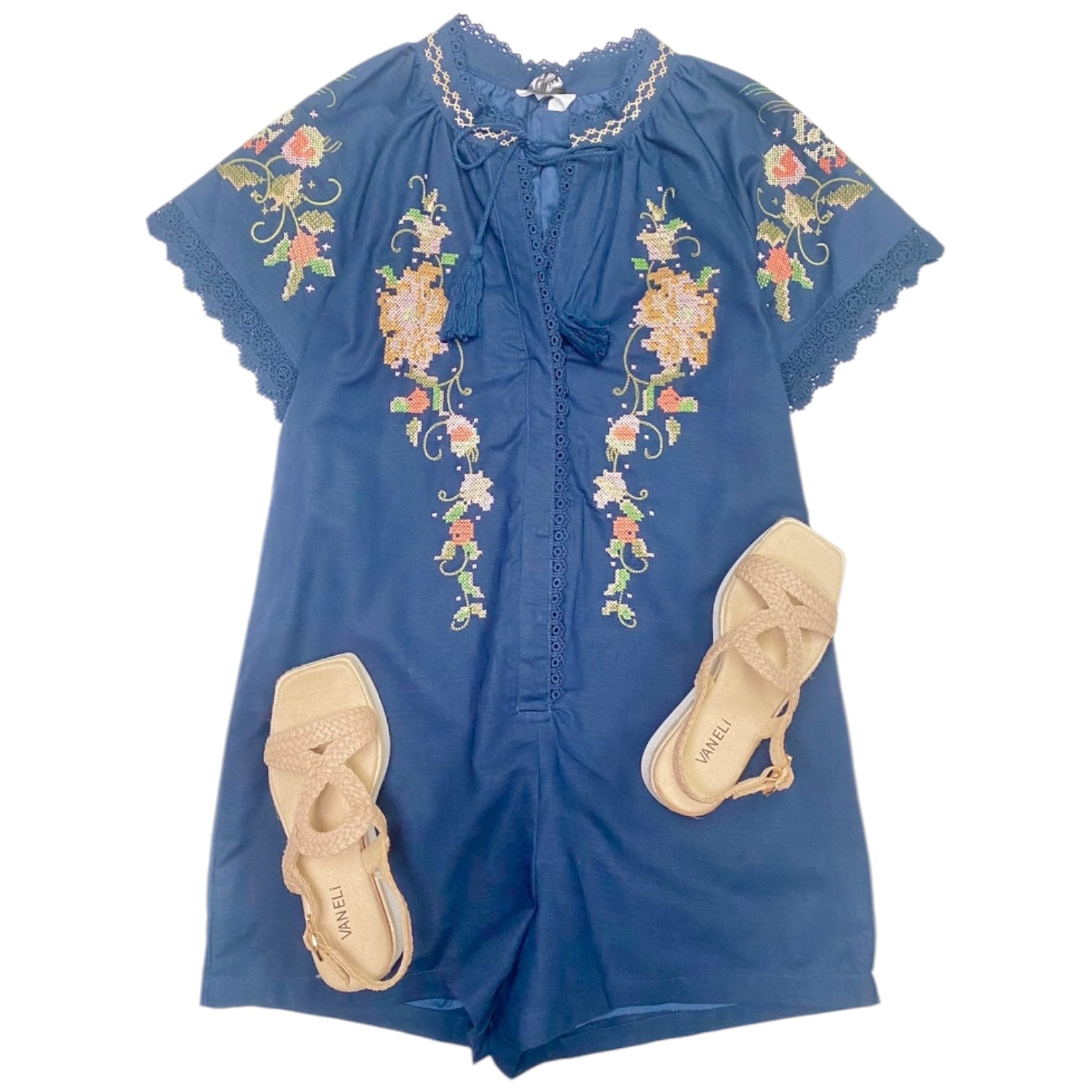 Floral Embroidered Romper Navy