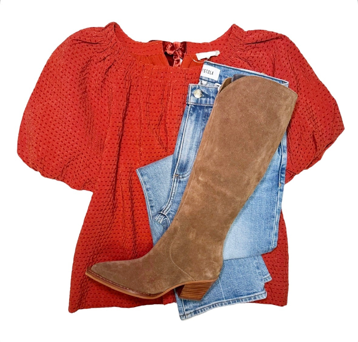 Gathers Tie Neck Top Rust