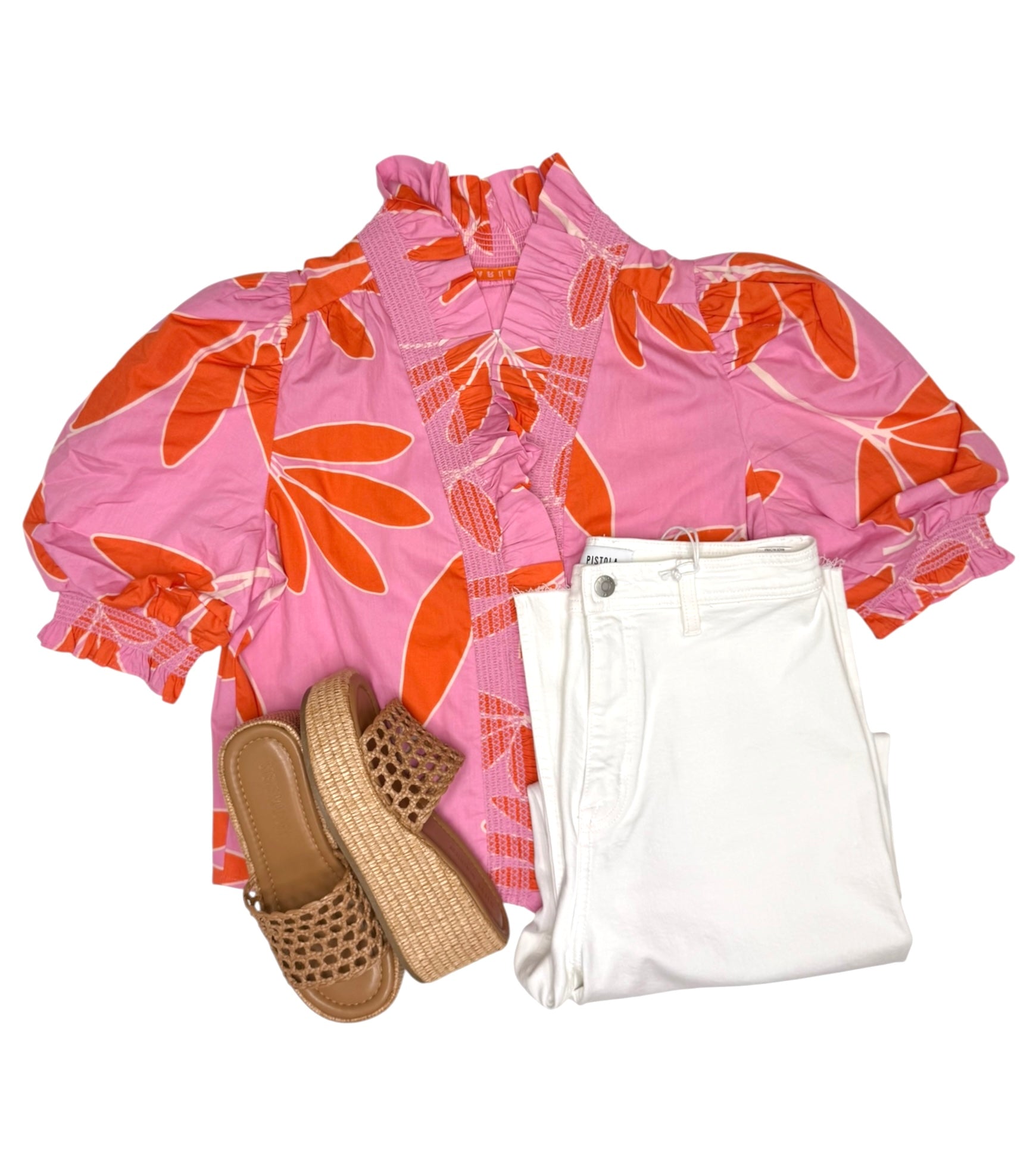 Palm Leaf Floral Ruffle Top Pink