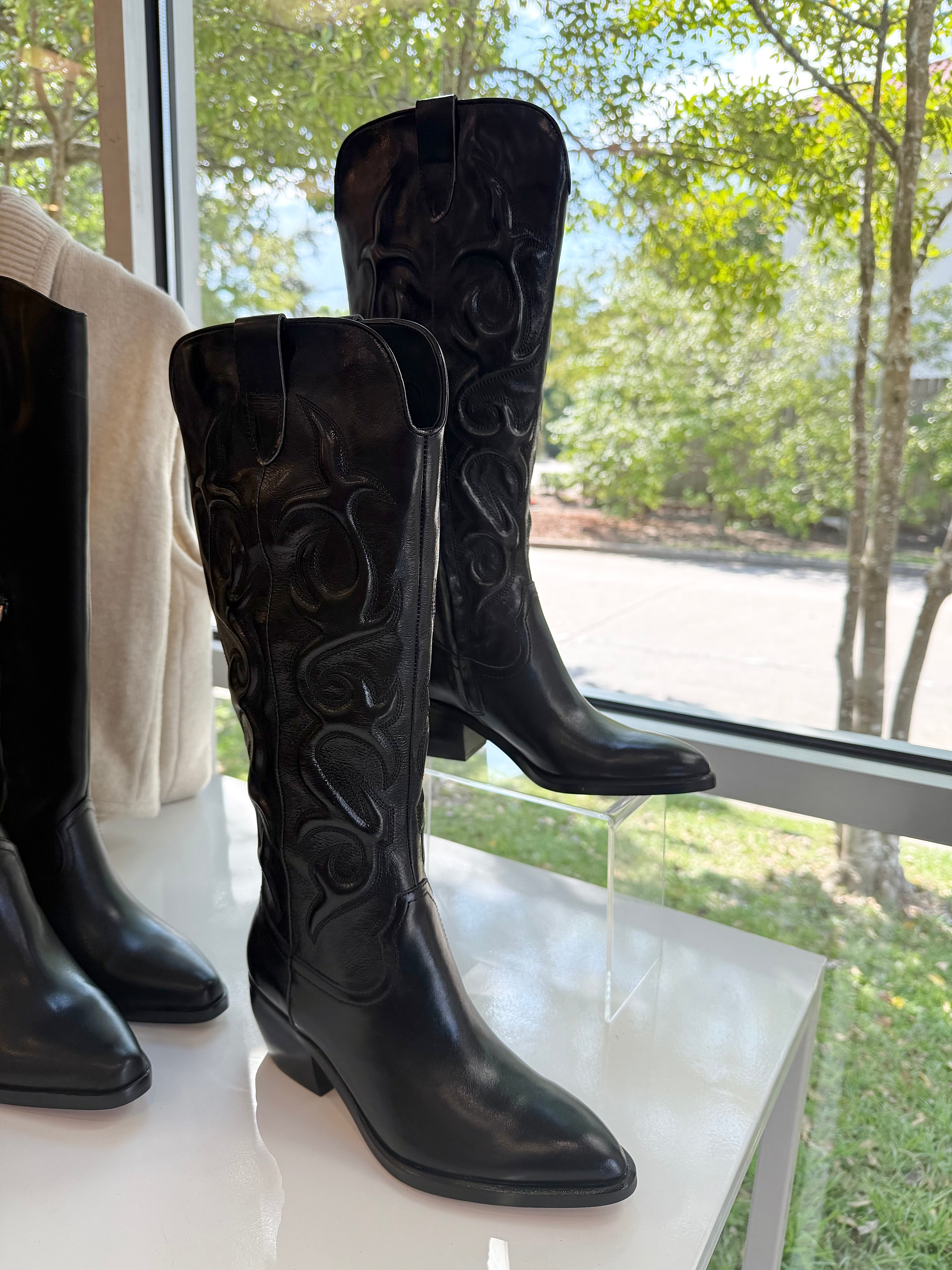 Tall Cowboy Boot Black Leather