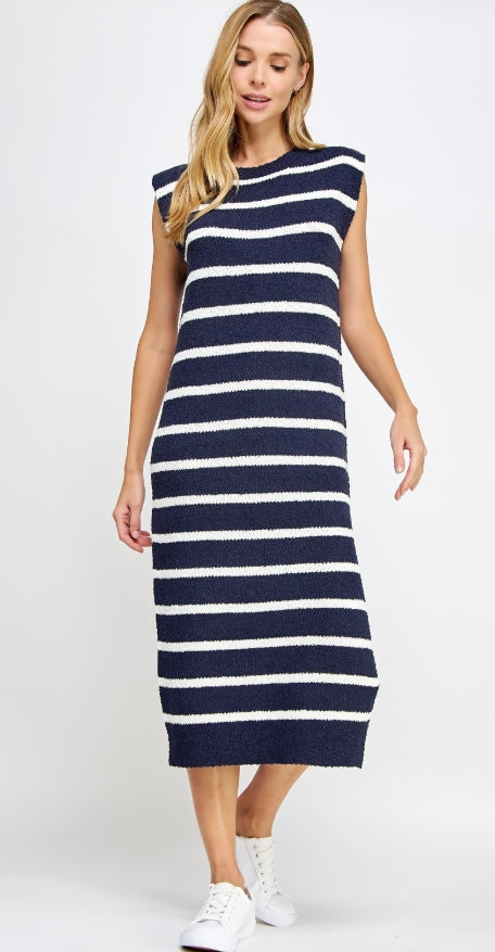 Shoulder Pad Knit Dress Navy/White