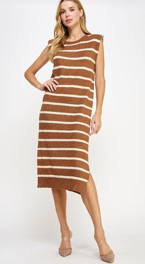 Shoulder Pad Knit Dress Brown/Ecru
