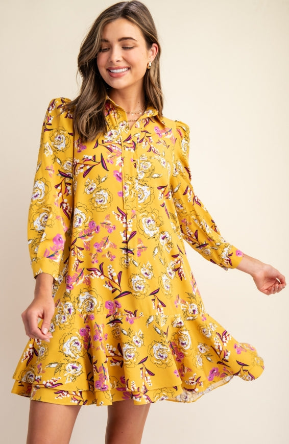 Floral Print Tiered Dress Yellow