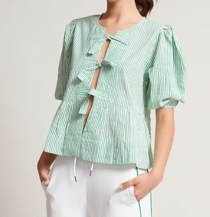 Tally Puff Sleeve Tie Front Top Green